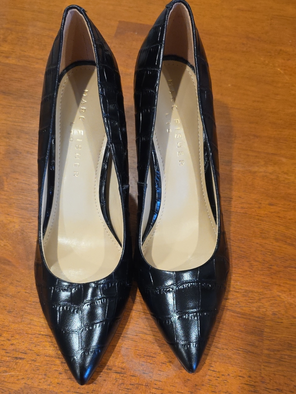 Marc Fisher Black Croc-Embossed Pointed Pumps